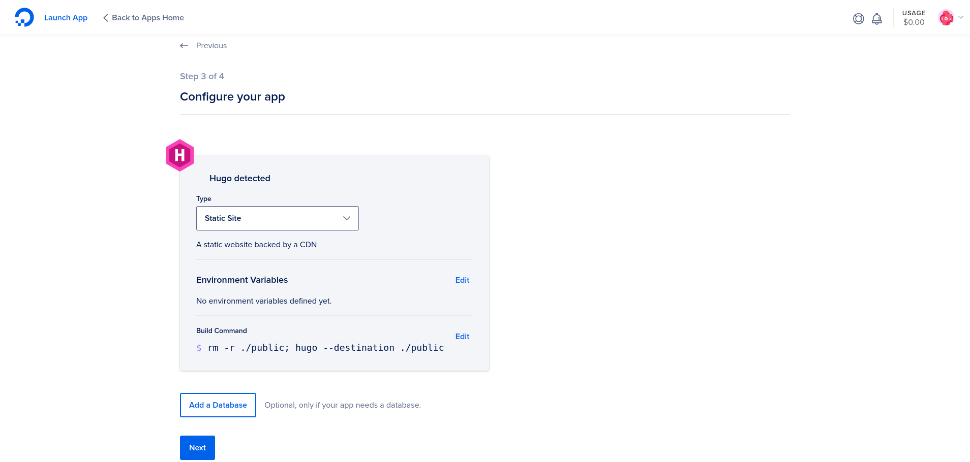 The App platform automatically detects that this static site is made using Hugo